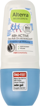 Biały Alterra Deo Roll-On 48h Active z niebieskim spodem, przód z grafiką biegaczy i zieloną etykietą ÖKO-TEST "sehr gut".