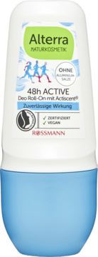 Alterra 48h ACTIVE Deo Roll-On, biało-niebieski, naturalny, 48h, bez soli aluminium, wegański, widok z przodu.