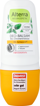 Alterra Deo-Balsam Bio-Zitronenmelisse w białej butelce roll-on z żółtym spodem, widok z przodu, certyfikat vegan, ocena ÖKO-TEST 'sehr gut'.