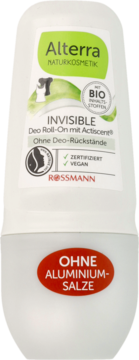 Biały Alterra Invisible Deo Roll-On, bez soli aluminium, wegański, bez śladów, widok z przodu.