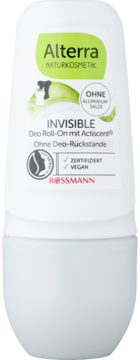 Alterra Invisible Deo Roll-On w białej butelce, zielona etykieta z napisem, widok z przodu. Bez aluminium, wegański.