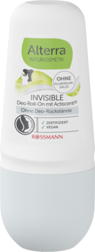 Alterra Invisible Deo Roll-On w białej butelce z zieloną etykietą, wegański, bez aluminium, widok z przodu.