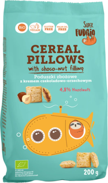 Super Fudgio BIO Cereal Pillows with choco-nut filling, 200g teal bag, vegan, gluten-free, front view.