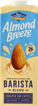 Almond Breeze Barista Blend napój migdałowy, niesłodzony, do kawy, bez soi i mleka, jasnoniebieskie opakowanie z migdałem, widok z przodu.