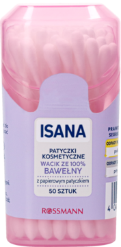 Isana patyczki kosmetyczne z wacikiem 100% bawełny na papierowych patyczkach, 50 sztuk, różowo-fioletowy pojemnik.