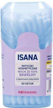 ISANA patyczki kosmetyczne, 50 sztuk, 100% bawełna na papierowych patyczkach, w przezroczystym pojemniku z fioletową etykietą.