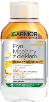 Garnier Płyn Micelarny z olejkiem, dwufazowa butelka do wodoodpornego makijażu, przezroczysta, widok z przodu.