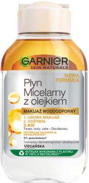 Garnier Płyn Micelarny z olejkiem, dwufazowa butelka do wodoodpornego makijażu, przezroczysta, widok z przodu.