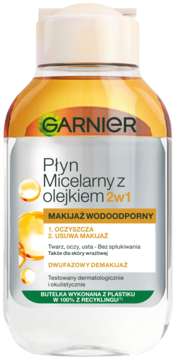 Garnier Płyn Micelarny z olejkiem 2w1, butelka z biphase płynem do demakijażu wodoodpornego, widok z przodu.