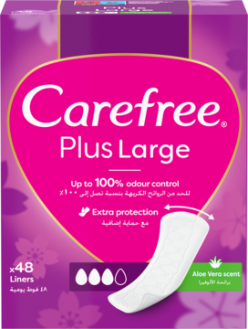Fioletowo-różowe opakowanie wkładek Carefree Plus Large, 48 sztuk, z aloesem i kontrolą zapachu, widok z przodu.