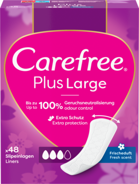 Carefree Plus Large wkładki higieniczne, 48 sztuk, fioletowe pudełko z białym linerem, świeży zapach, kontrola zapachu.