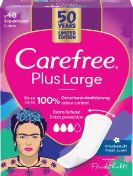 Carefree Plus Large wkładki 48 sztuk, różowo-fioletowe opakowanie, edycja limitowana Frida Kahlo, świeży zapach.