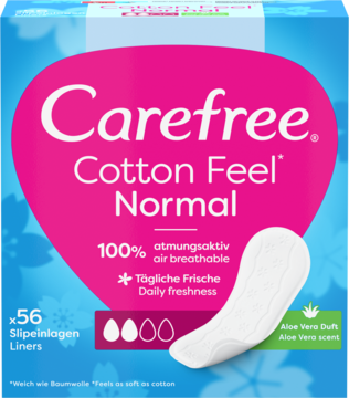 Niebiesko-różowe opakowanie Carefree Cotton Feel Normal, 56 oddychających wkładek higienicznych z aloesem, widok z przodu.