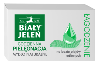 Biały Jeleń naturalne mydło do codziennej pielęgnacji, na bazie olejów roślinnych, biała kostka z zielonym logo, widok z góry.