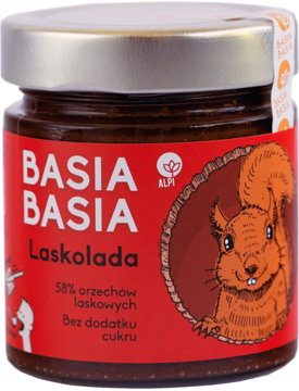 Słoik Basia Basia Laskolada, krem orzechowy z daktyli, czerwona etykieta z wiewiórką, 58% orzechów bez cukru.