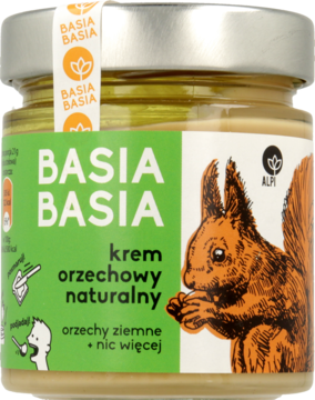 Słoik masła orzechowego Basia Basia z zieloną etykietą i wiewiórką, z przodu napis „naturalny krem orzechowy”.