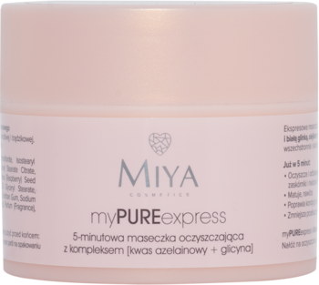 Miya myPUREexpress 5-minutowa maseczka oczyszczająca w jasnoróżowym słoiku, widok z przodu z logo Miya.