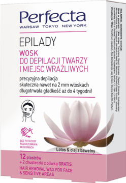Perfecta Epilady wosk do depilacji twarzy, białe pudełko z różowym kwiatem lotosu, widok z przodu.