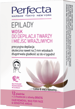 Perfecta Epilady wosk do depilacji twarzy, białe pudełko z różowym kwiatem lotosu, widok z przodu.