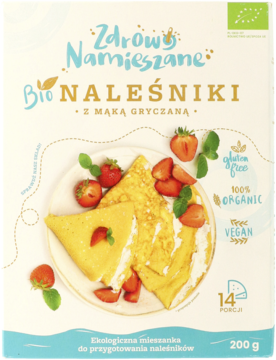 Białe opakowanie Zdrowe Namieszane Bio Naleśniki, ekologiczna mieszanka z mąką gryczaną, bezglutenowa, wegańska.