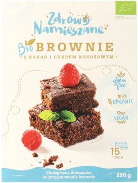 Białe opakowanie Zdrowo Namieszane Bio BROWNIE mix z kakao i cukrem kokosowym, bezglutenowe, wegańskie.