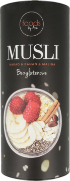 FOODS BY ANN ,bezglutenowe musli, kakao, banan i malina,przód