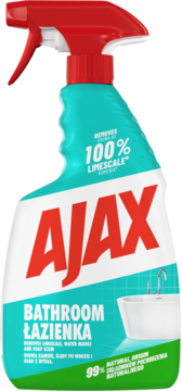 Ajax Bathroom Łazienka w białej butelce z turkusową etykietą i czerwonym spryskiwaczem, usuwa 100% kamienia.