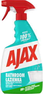 Ajax Bathroom Łazienka w białej butelce z turkusową etykietą i czerwonym spryskiwaczem, usuwa 100% kamienia.
