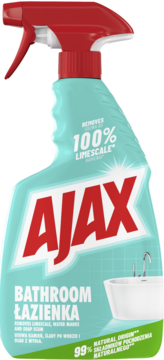 Ajax Bathroom Łazienka, błękitny spray do usuwania 100% kamienia, z czerwoną rączką, widok z przodu.