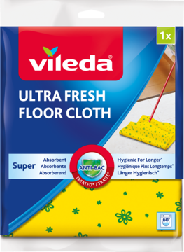 Vileda Ultra Fresh Floor Cloth 1x w niebieskim opakowaniu, żółta, antybakteryjna ściereczka do podłóg, widok z przodu.