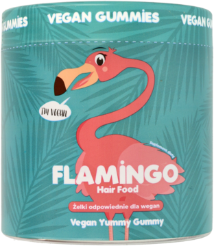 Teal cylindrical tub of Flamingo Hair Food Vegan Gummies with a pink flamingo illustration, frontal view.