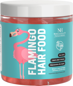Noble Health Flamingo Hair Food, żelki dla wegan w przezroczystym słoiku z różowym flamingiem na turkusowej etykiecie.