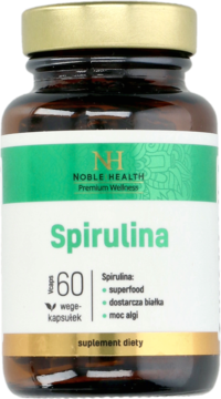 Brązowa butelka Noble Health Spirulina 60 wege-kapsułek, z zielono-białą etykietą, widok z przodu.