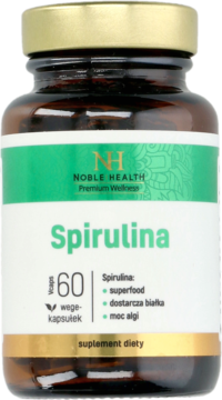 Brązowa butelka Noble Health Spirulina 60 wege-kapsułek, z zielono-białą etykietą, widok z przodu.
