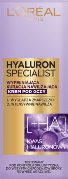 L'Oréal Hyaluron Specialist, wypełniający krem pod oczy z kwasem hialuronowym, fioletowe opakowanie, widok z przodu.