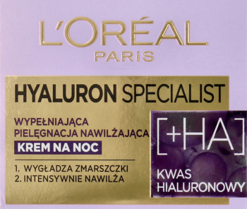 L'Oréal Hyaluron Specialist krem na noc, fioletowo-złote opakowanie z napisem HYALURON, widok z przodu.