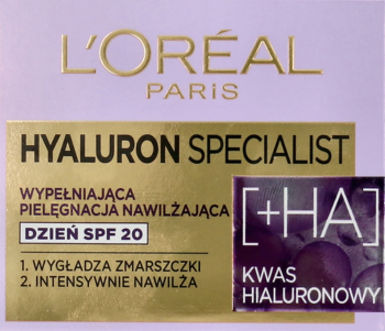 L'Oréal Hyaluron Specialist, krem nawilżający na dzień SPF 20, wygładza zmarszczki, w fioletowym opakowaniu.