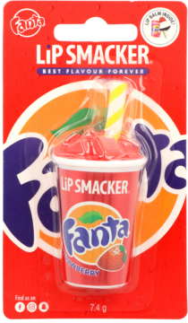 Lip Smacker Fanta Strawberry lip balm w czerwonym blistrze. Balsam w kształcie kubka z rurką, widok z przodu.