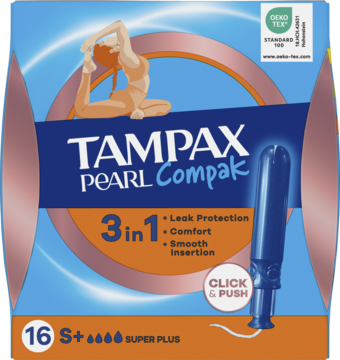 Opakowanie Tampax Pearl Compak 3in1 tampony Super Plus 16 szt., z aplikatorem Click & Push, widok z przodu.