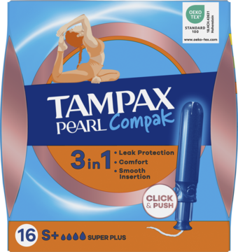Opakowanie Tampax Pearl Compak 3in1 tampony Super Plus 16 szt., z aplikatorem Click & Push, widok z przodu.