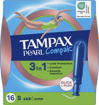 Opakowanie tamponów Tampax Pearl Compak 16 Super z aplikatorem. Widok z przodu, niebiesko-zielone z różowymi akcentami.