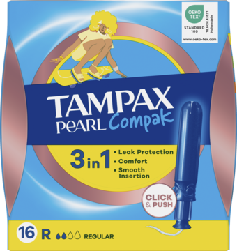 Frontowe opakowanie tamponów Tampax Pearl Compak Regular, 16 sztuk. Niebieskie pudełko z aplikatorem 3in1.