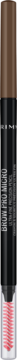 Rimmel Brow Pro Micro Soft Brown automatyczna kredka do brwi, brązowy korek, czarny korpus, czerwona szczoteczka.