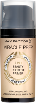 Max Factor Miracle Prep Beauty Protect Primer SPF 30 w czarnej butelce z beżową etykietą, widok z przodu.