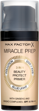 Max Factor Miracle Prep Beauty Protect Primer SPF 30 w czarnej butelce z beżową etykietą, widok z przodu.