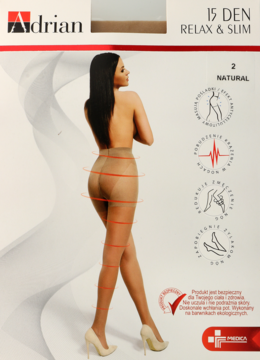 Opakowanie rajstop Adrian Relax & Slim 15 DEN, naturalne. Modelka prezentuje efekt modelujący brzuch i biodra.