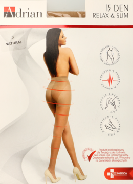Opakowanie rajstop Adrian Relax & Slim 15 DEN w kolorze naturalnym, z modelką prezentującą efekt wyszczuplający.