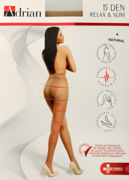 Białe opakowanie rajstop Adrian 15 DEN RELAX & SLIM natural, z modelką i ikonami funkcji. Widok z przodu.