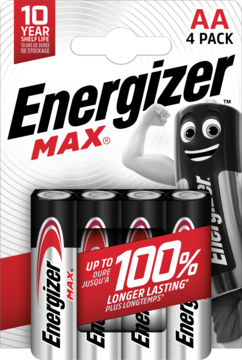 Front view of Energizer MAX AA 4-pack batteries in black and red packaging with a cartoon battery mascot.