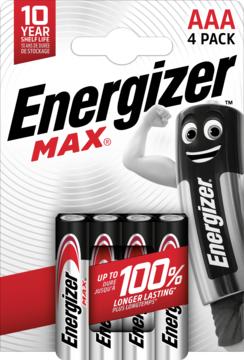 Energizer MAX AAA 4-pack baterii alkalicznych, w blistrze z grafiką postaci, widok z przodu. 100% dłużej.